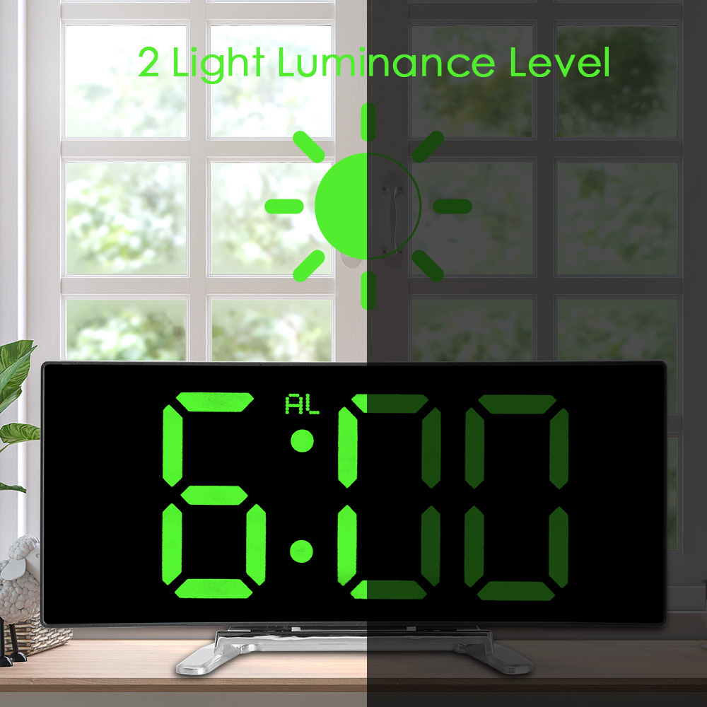 큰 번호 테이블 시계 아이를위한 디지털 알람 시계 침실 곡선 디 밍이 가능한 미러 시계 데스크탑 시계 LED 스크린 7 인치